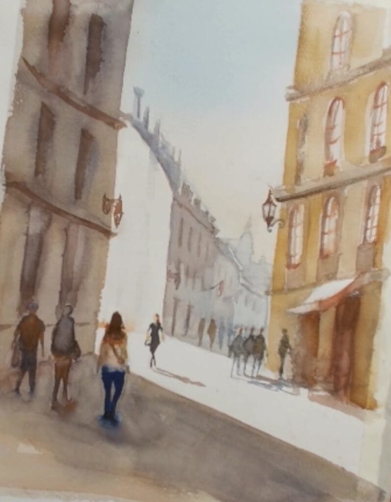 Urban watercolour with figures
